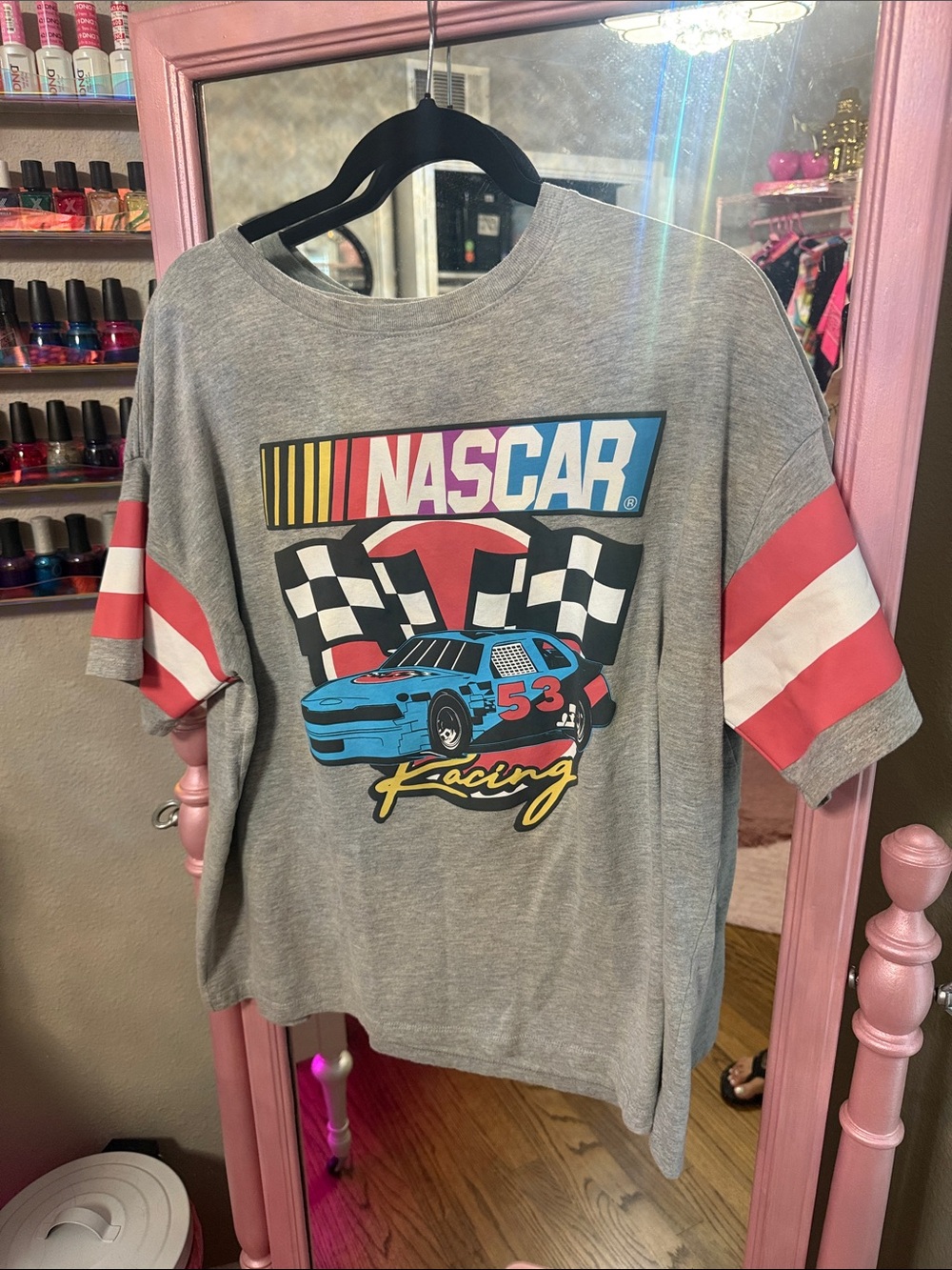 Nascar Gray Short Sleeve Tee with Blue & Red Racing Graphic